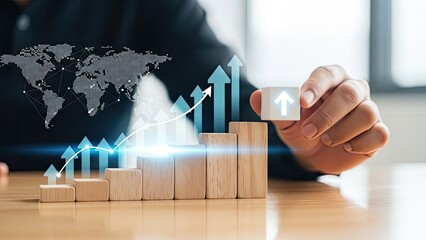Businessman hand arranging wood block stacking as step stair with arrow up, world map and graph. Business growth success process concept.