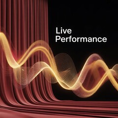 Red curtain with glowing yellow wave patterns and live performance text