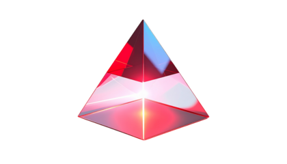 Geometric transparent pyramid in red and blue, against a black backdrop