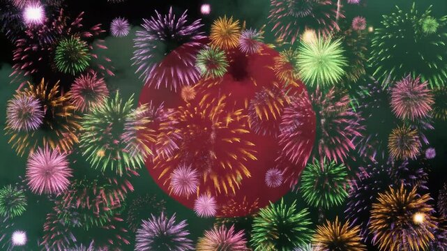 Vibrant fireworks explode in the night sky with a large red heart at the center