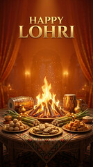 Plakat Vertical happy lohri background with realistic 3d bonfire decorated room and plates of sweets for indian winter festival social media story