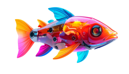 Futuristic, robotic fish illustration with transparent body & vibrant colors