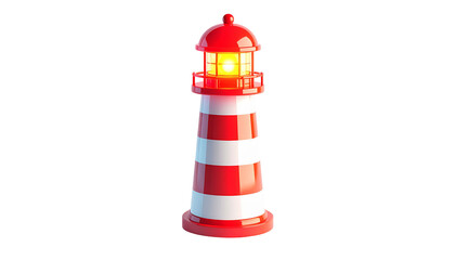 A classic red and white striped lighthouse emitting a bright yellow light