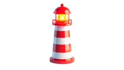 A classic red and white striped lighthouse emitting a bright yellow light