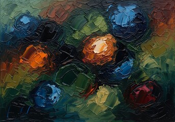 Abstract floral composition displays thick impasto texture with vivid color highlights