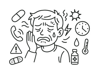 Naklejka premium Doodle of Painful Expression. Painful expression. Hand-drawn doodle illustration Painful expression strained jaw, downturned mouth, tear corner, wrinkle lines,