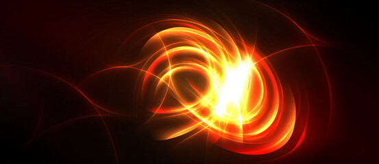 Bright energy swirls, radiating from central point. Fiery hues dominate dark background, creating dynamic visual effect.