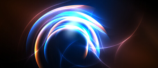 Naklejka premium Bright abstract swirls, luminous curves, vibrant energy. Dark background emphasizes glowing forms, creating dynamic visual impact.