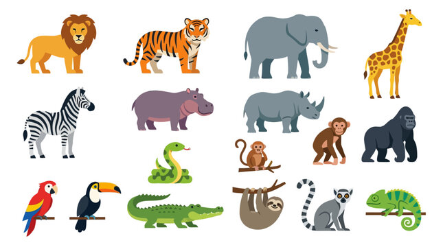 Collection of cartoon wild animals including mammals, reptiles, and birds.