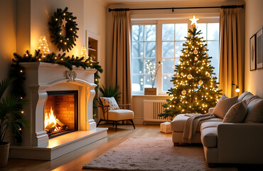 warm winter scene captured wide shot beautifully decorated living room focusing sparkling white fireplace