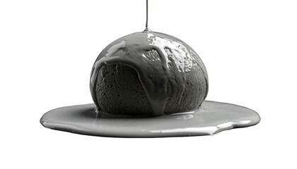 A spherical form being coated with a viscous, light grey substance