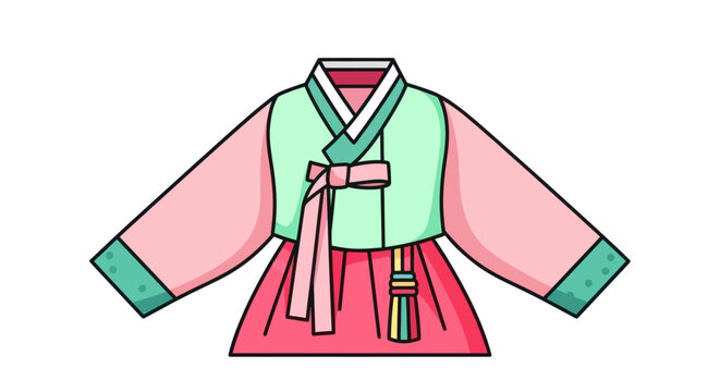 Vibrant Traditional Korean Hanbok Dress Illustration with Pink and Green Colors and Tassel Detail.