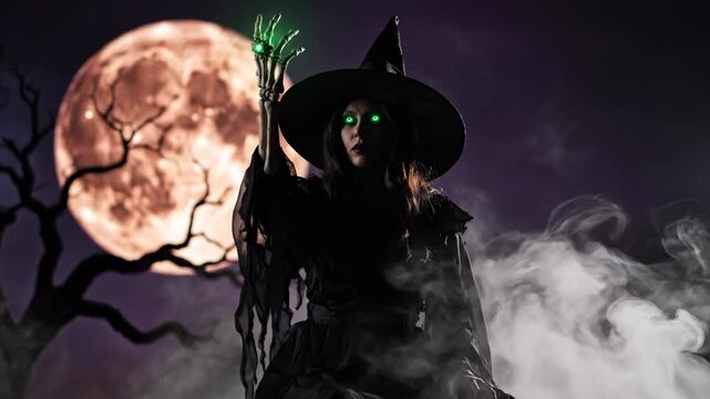 Mysterious witch casting spell under glowing full moon amidst eerie fog