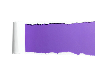 A white torn paper strip revealing a purple space, with a curled edge on the left