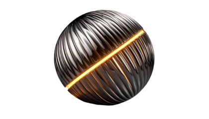 Metallic sphere with diagonal orange light, textured, on black