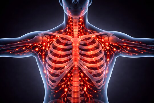 Medical illustration showing upper body lymph system to explain lymphatic drainage, lymphatic massage and manual drainage concepts for swelling reduction, body detox and recovery wellness therapy
