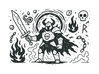 Obraz premium Void Warrior Doodle. Void warrior. Hand-drawn doodle illustration void warrior armored silhouette, cracked sword, runes, swirling void, floating stones,