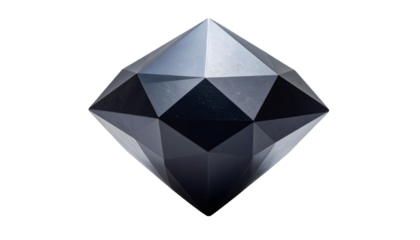 Faceted geometric object, dark grey, isolated on black, reflecting light