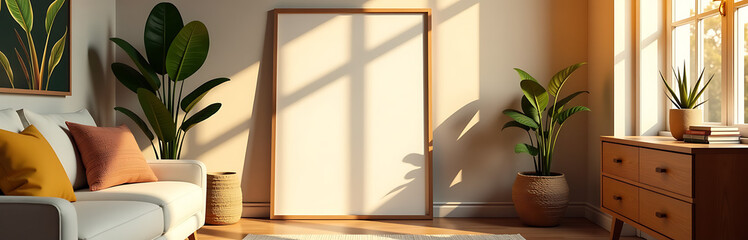 warm golden light illuminates vibrant eclectic living space showcasing mix bohemian accents including lush greenery wooden