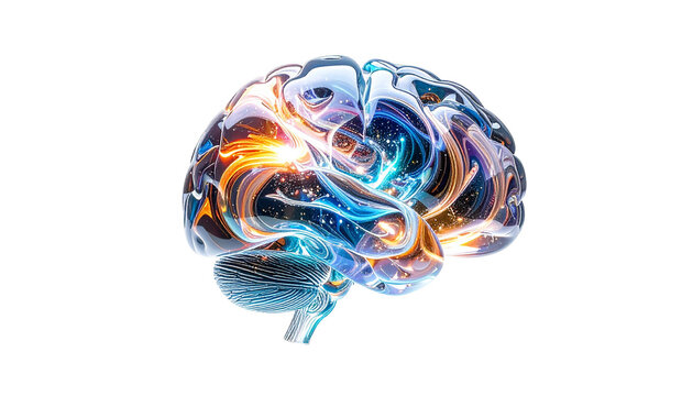 Glowing, stylized brain with colorful lines on black background