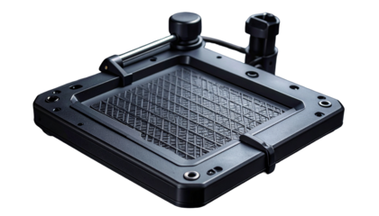 Metallic, square device with grid, knobs, and support arms on black surface