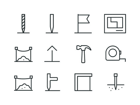 Construction Icon Set. Construction stake. Line icon set of construction stake: rebar stake, wooden form stake, marker flag, site plan icon, rope boundary,