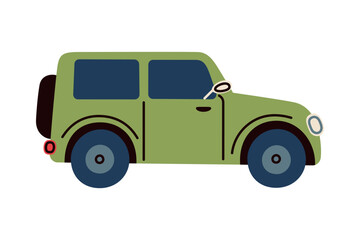 Green jeep car in simplified childlike style, vector flat cartoon illustration with naive friendly mood. Cute vehicle for kids design, education, transport themes, playful learning materials © Elena