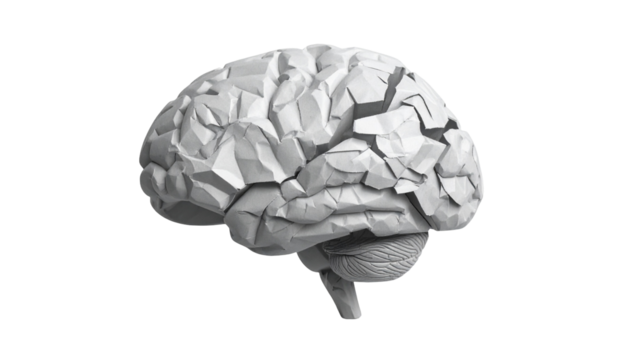 Low-poly 3D render of a human brain, grayscale, isolated on black - Powered by Adobe