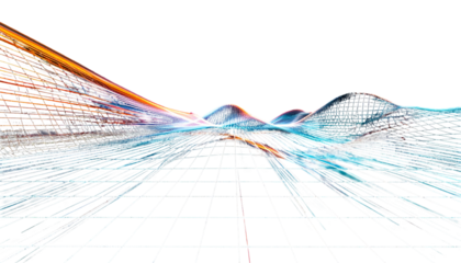 Futuristic digital landscape with grid and wavy light trails