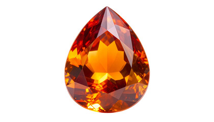 A faceted, teardrop-shaped gemstone with fiery orange and yellow hues