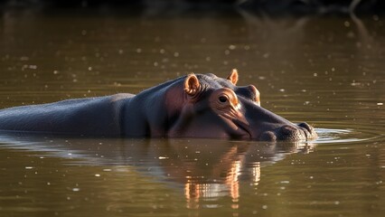 Fototapeta premium A close-up view of a hippopotamus floating quietly in shallow river water.