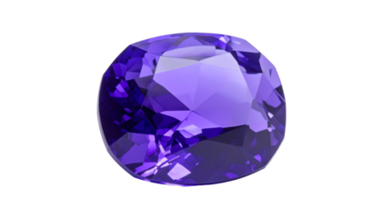 A brilliant, faceted violet gemstone sparkles against a stark black background