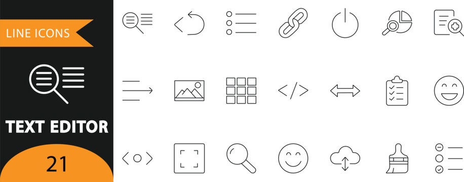 A clean vector set of 21 text editor line icons featuring formatting tools, search, lists, links, code, media, and interface controls. Ideal for document editing UI, software dashboards, productivity 