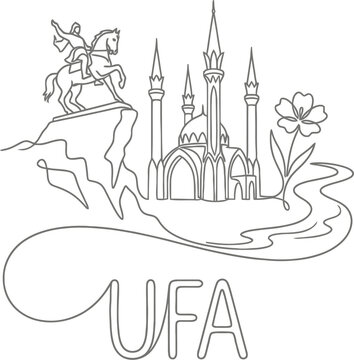 Ufa city landmarks and Salavat Yulaev monument line art vector illustration