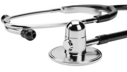 Close up of a silver and png isolated transparent background black stethoscope on a black background