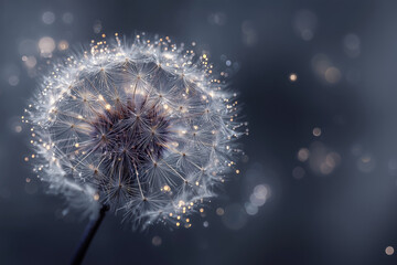 Fototapeta premium Glowing Dandelion with Golden Light Particles on Dark Background, Dreamy Nature Macro