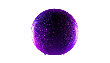 Vivid, isolated sphere with water droplets, illuminated with purple light