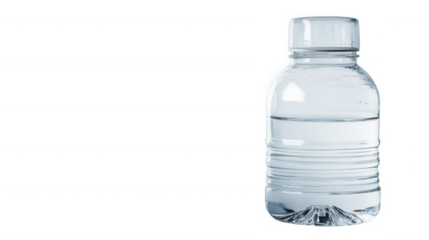 clear plastic water bottle with screw cap and ridged design filled with water on transparent background