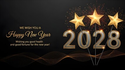 Golden New Year 2028 Celebration with Sparkling Stars and Wishes