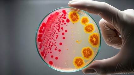 Close-up petri dish with vibrant red & orange bacterial colonies, gloved hand, microbiology research, lab science