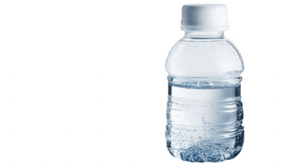 Clear plastic water bottle with white cap and water inside on transparent background
