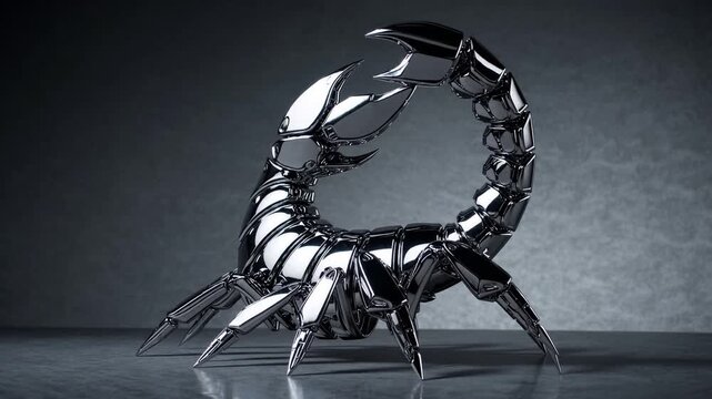 Chrome scorpion on reflective surface showcasing polished metallic sculpture with segmented tail curled over body and lethal stinger poised mechanical legs cast sharp studio shadows under moody