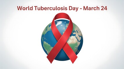 Red Ribbon on Globe for Tuberculosis Day March 24 awareness