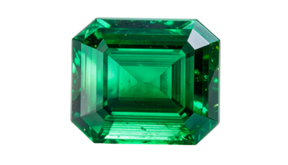 Square-cut emerald on black background, showcasing internal facets