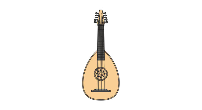 A detailed illustration of a lute a plucked string instrument with a pear-shaped body and a fretted neck.