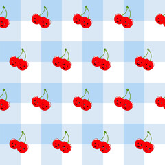 Seamless pattern of bright red cherry dolls on a cheerful pastel blue plaid background, cute and playful, designed for clothing fabric, curtains, tablecloths, or gift wrapping paper.