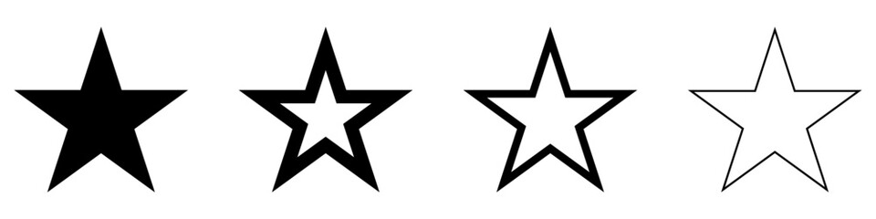 Obraz premium Star icon. Five-pointed star: black silhouette and outline lines, isolated on a white background. Four style variations. Vector illustration.