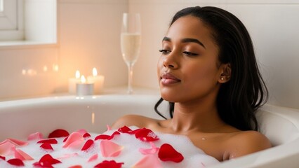 Radiant Woman Enjoying Self-Care Ritual, Relaxing Bath with Rose Petals for Valentine's Day
