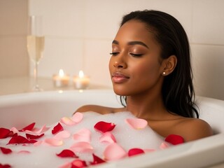 Radiant Woman Enjoying Self-Care Ritual, Relaxing Bath with Rose Petals for Valentine's Day
