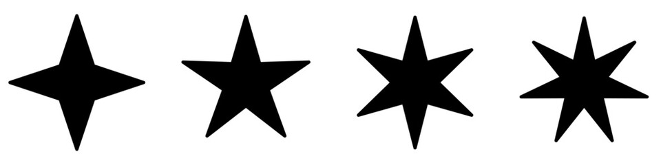 Star set. Four variations of black stars with different points. Silhouettes, isolated on a white background. Vector illustration.